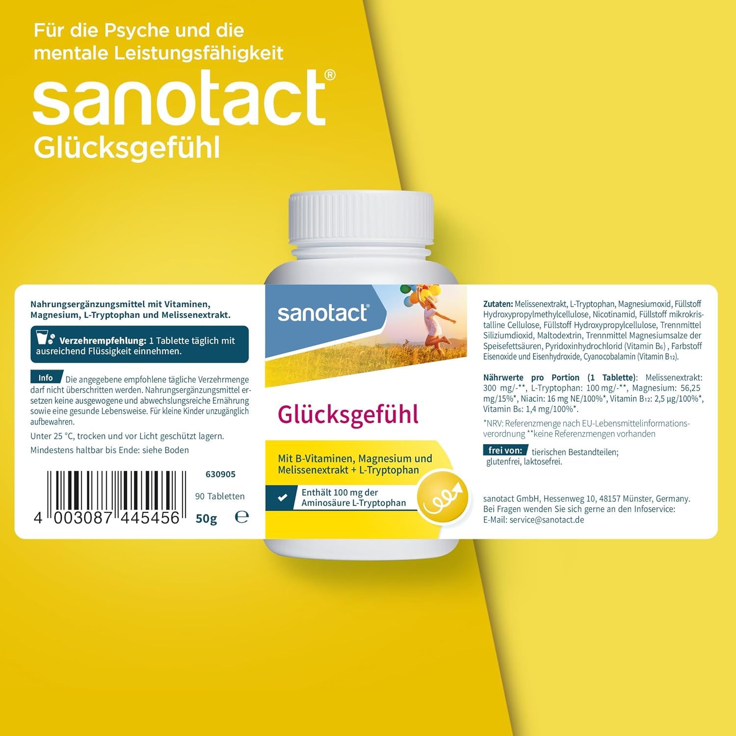 Produktverpackung von sanotact Glücksgefühl. Flasche mit Etikett, das Informationen enthält. Aufschrift: Für die Psyche und die mentale Leistungsfähigkeit.