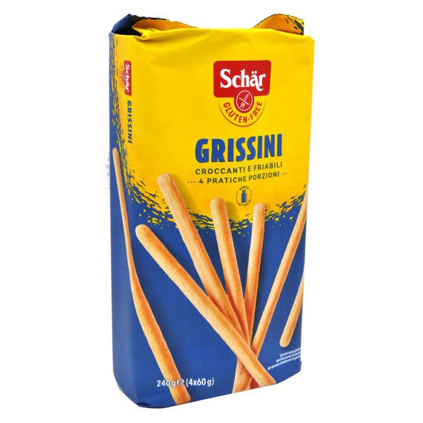 Verpackung mit Grissini. Marke Schär. Glutenfrei. Gelb-blaue Verpackung mit Produktnamen und Produktabbildung.