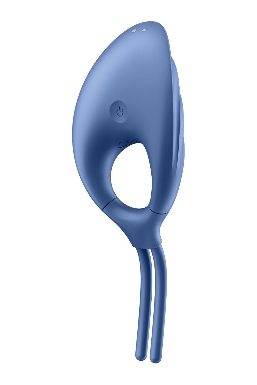 Blauer Ring Vibrator. Ovale Form mit Knopf. Zwei Stiele. Logo "sr".