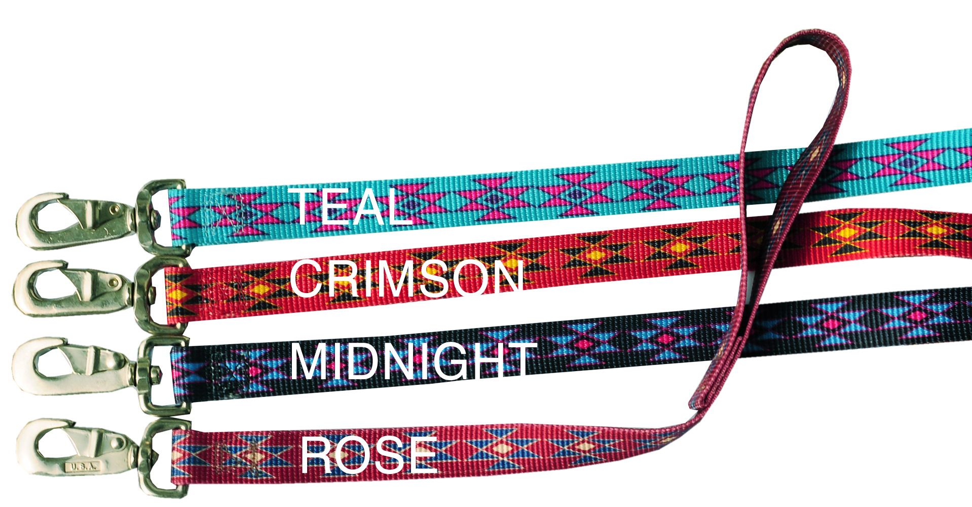 Vier Hundeleinen in verschiedenen Farben: Teal, Crimson, Midnight, Rose. Metallhaken und farbige Muster.