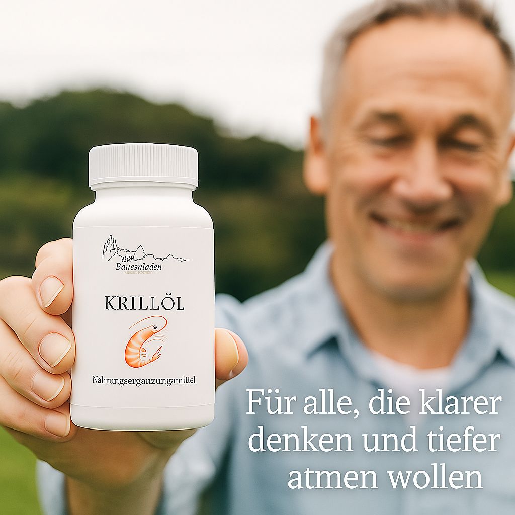 Mann hält weiße Flasche mit Krillöl-Aufschrift in die Kamera. Text: Für alle, die klarer denken...