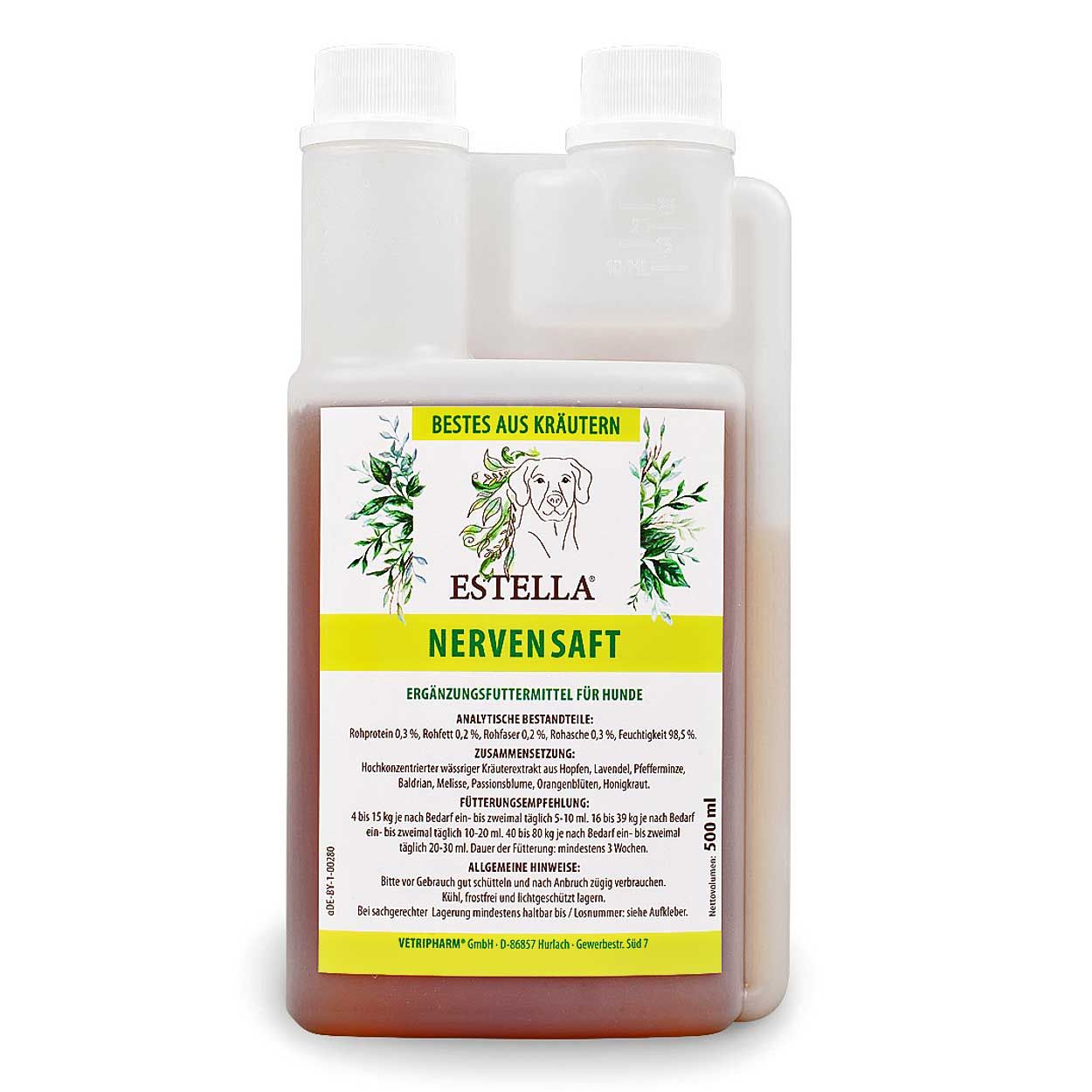 Flüssiges Ergänzungsfuttermittel für Hunde. Rechteckige Flasche mit gelbem Etikett. Aufschrift: Estella Nervensaft. 500 ml.