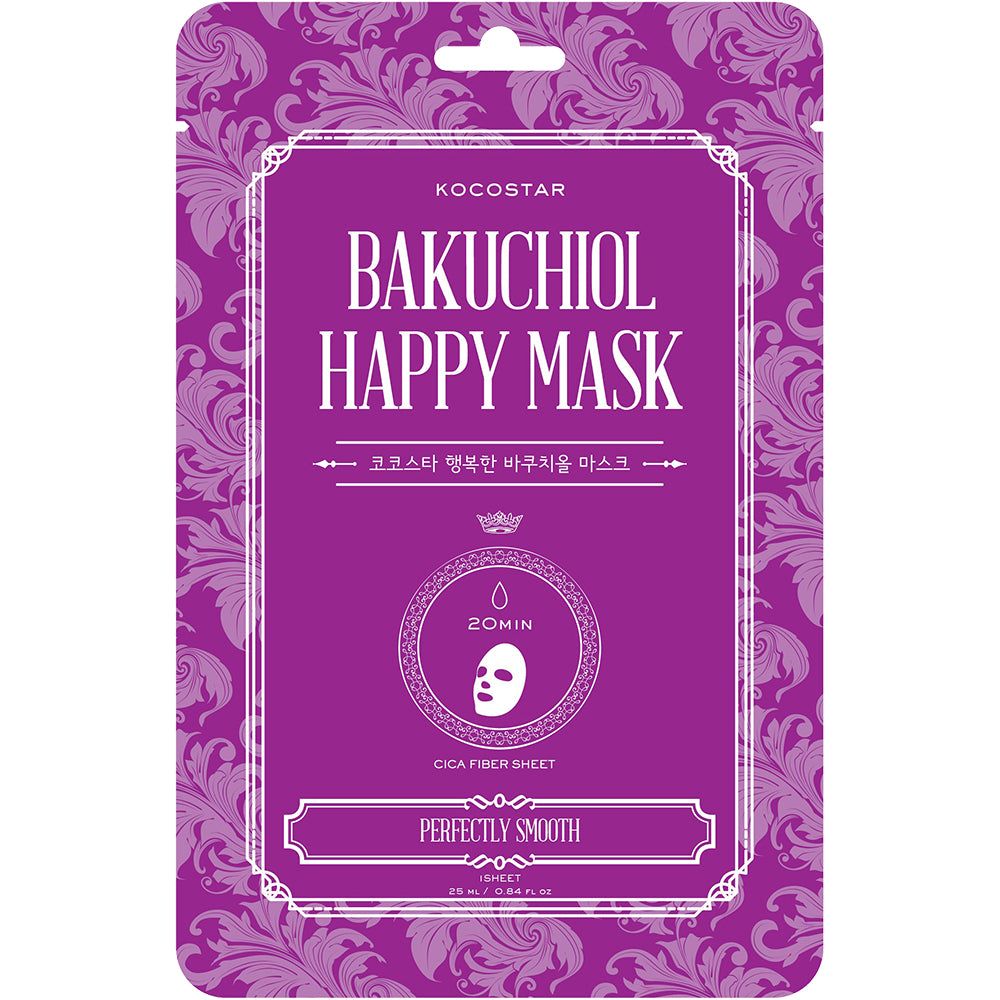 KOCOSTAR Bakuchiol Happy Mask. Lila Verpackung mit floralem Muster. Text: Bakuchiol Happy Mask, 20min, Cica Fiber Sheet.