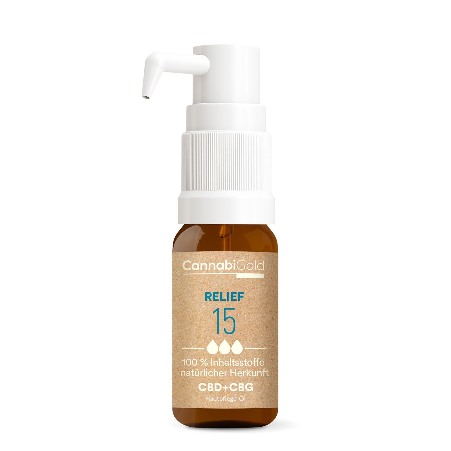 CannabiGold RELIEF 15 CBD+CBG Hautpflege-Öl in brauner Glasflasche mit weißem Pumpspender.