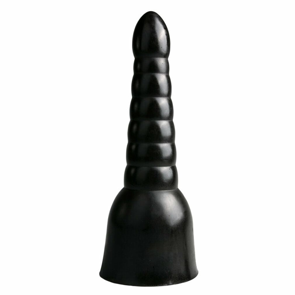 Schwarzer Dildo mit geriffelter Oberfläche.