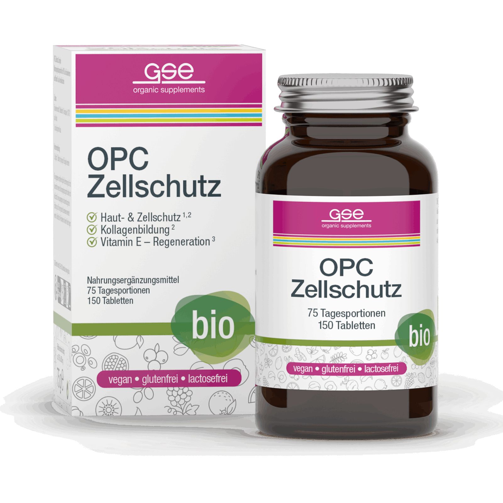 Braune Glasflasche und Karton mit GSE OPC Zellschutz. Aufschrift: 75 Tagesportionen, 150 Tabletten. Bio-Siegel.