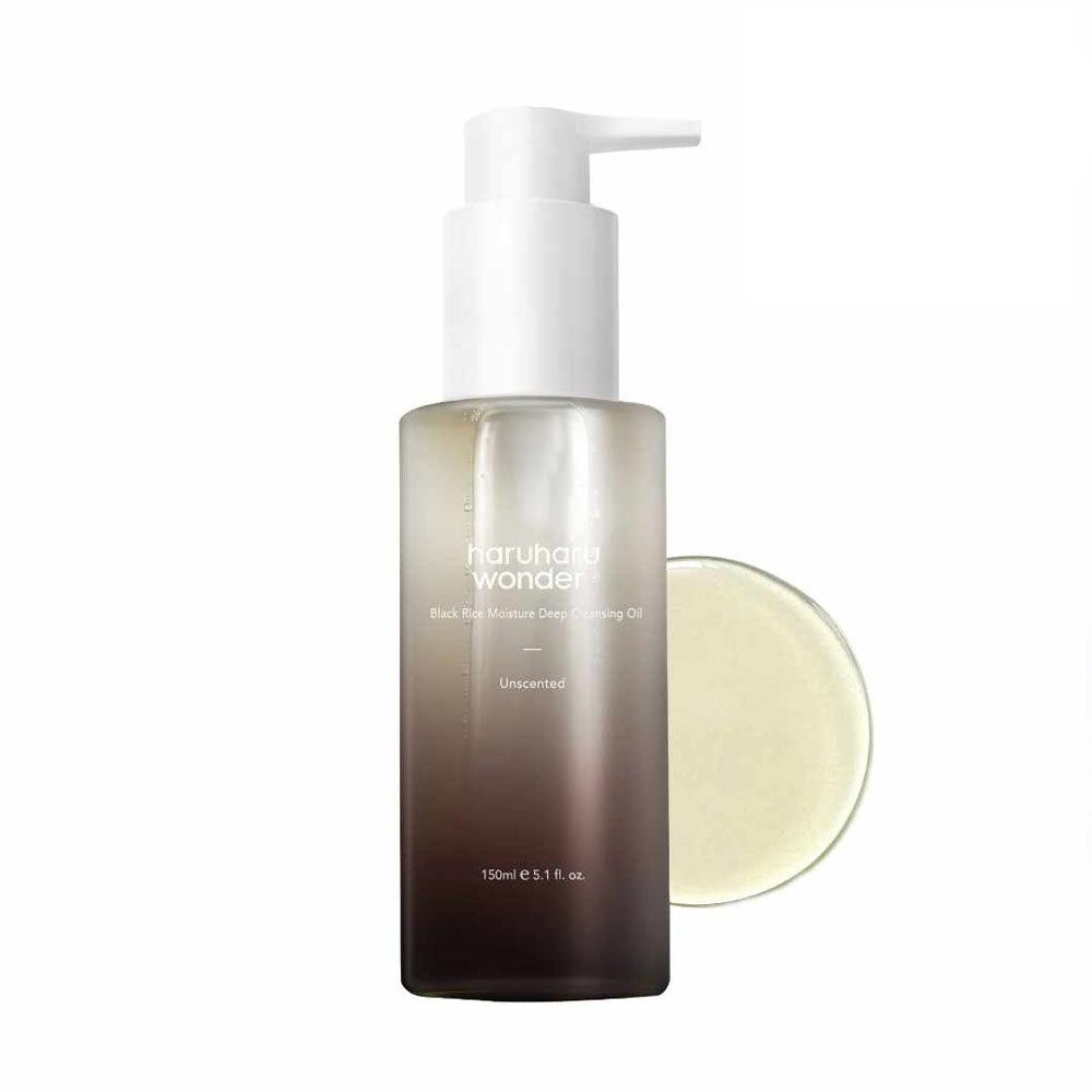 HaruHaru Wonder Black Rice Facial Oil Flasche mit Pumpe und Produktprobe. Farbverlauf von Braun zu Transparent.