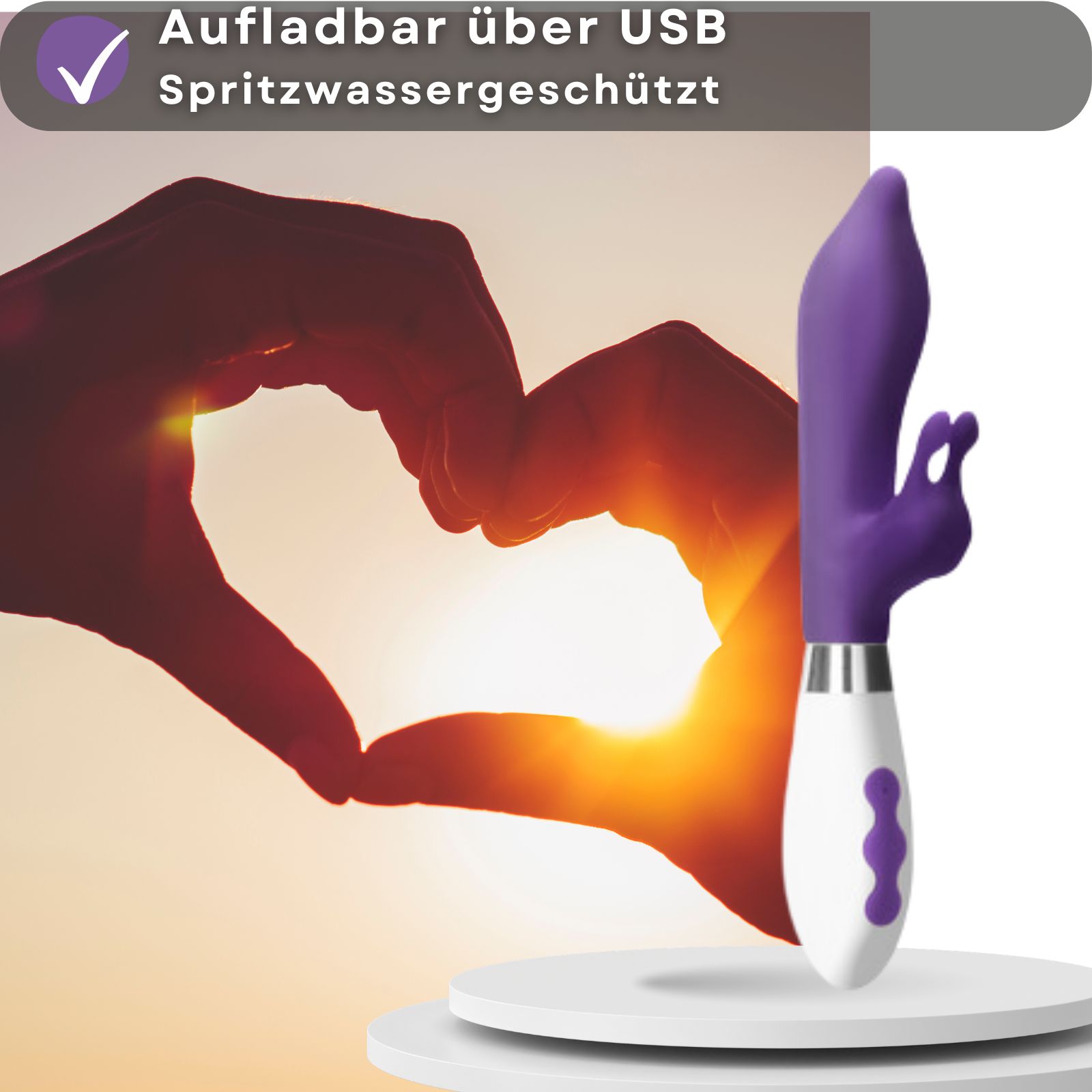Lila-weißer Vibrator mit Hasenohren. Aus Silikon und ABS-Kunststoff. 21 cm lang, 3,5 cm Durchmesser. 10 Vibrationsmodi. USB-Aufladung.