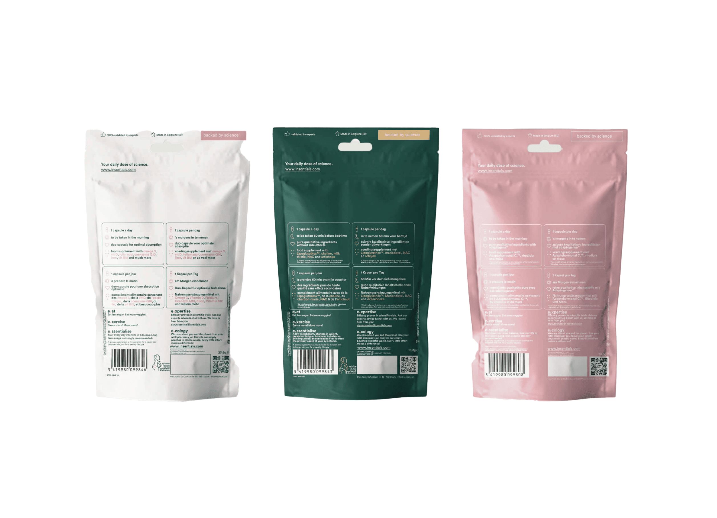 Drei Rückseiten von Beuteln: weiß, grün und rosa, mit Produktinformationen.