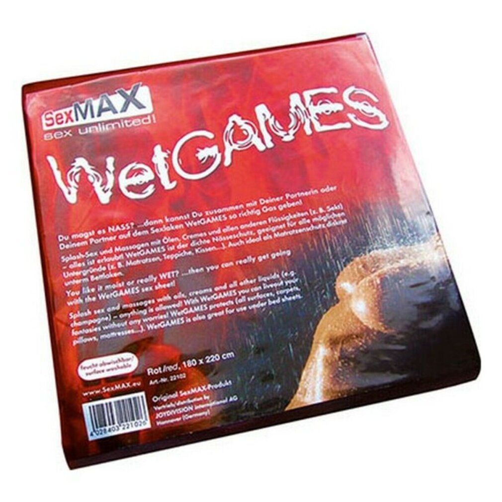 Sex-Laken in roter Verpackung. Aufdruck: WetGames, SexMAX. Größe: 180 x 220 cm. Text in Deutsch und Englisch.