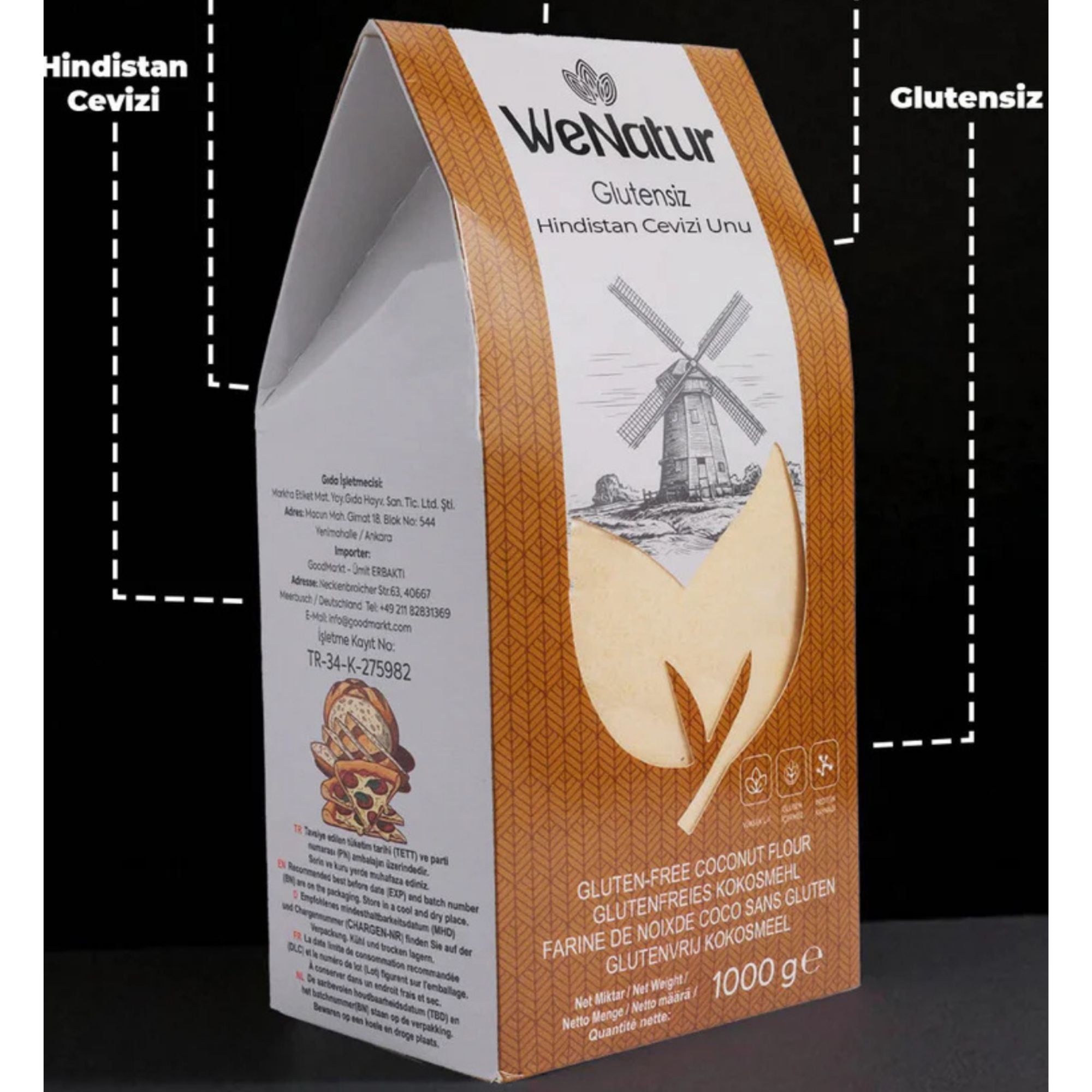 Seitenansicht einer Packung glutenfreies Kokosmehl mit Produktinformationen und Siegeln.