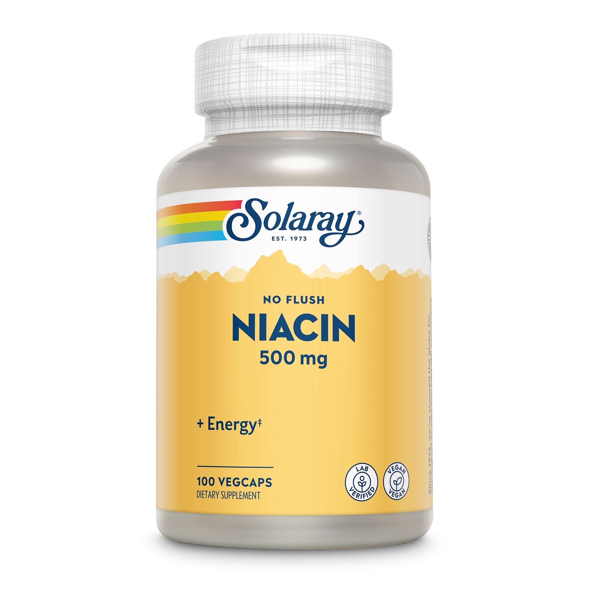 Solaray No-Flush Niacin 500 mg. Flasche mit 100 VegCaps. Gelbes Etikett, weißer Deckel. Logo, Text: No Flush Niacin 500 mg, +Energy, 100 VegCaps.