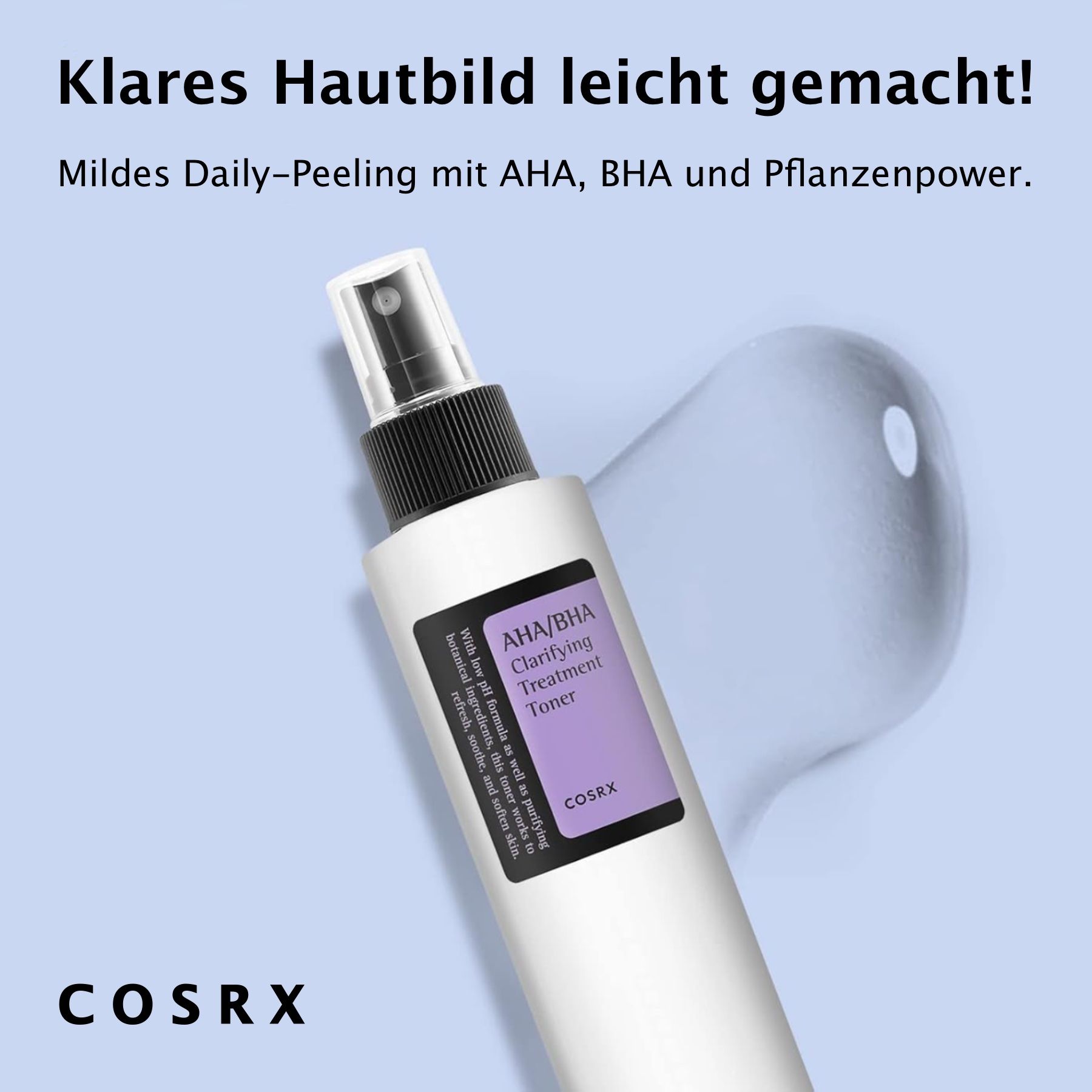 Weiße Sprühflasche mit schwarzem Deckel. Etikett: AHA/BHA Clarifying Treatment Toner, COSRX. Hintergrund: blau mit Tropfen.