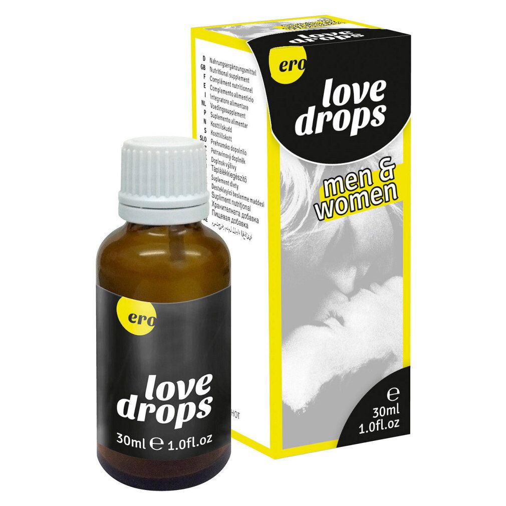 Braune Glasflasche mit weißem Verschluss und schwarzem Etikett, daneben eine gelb-schwarze Verpackung. Beides mit "love drops" beschriftet.
