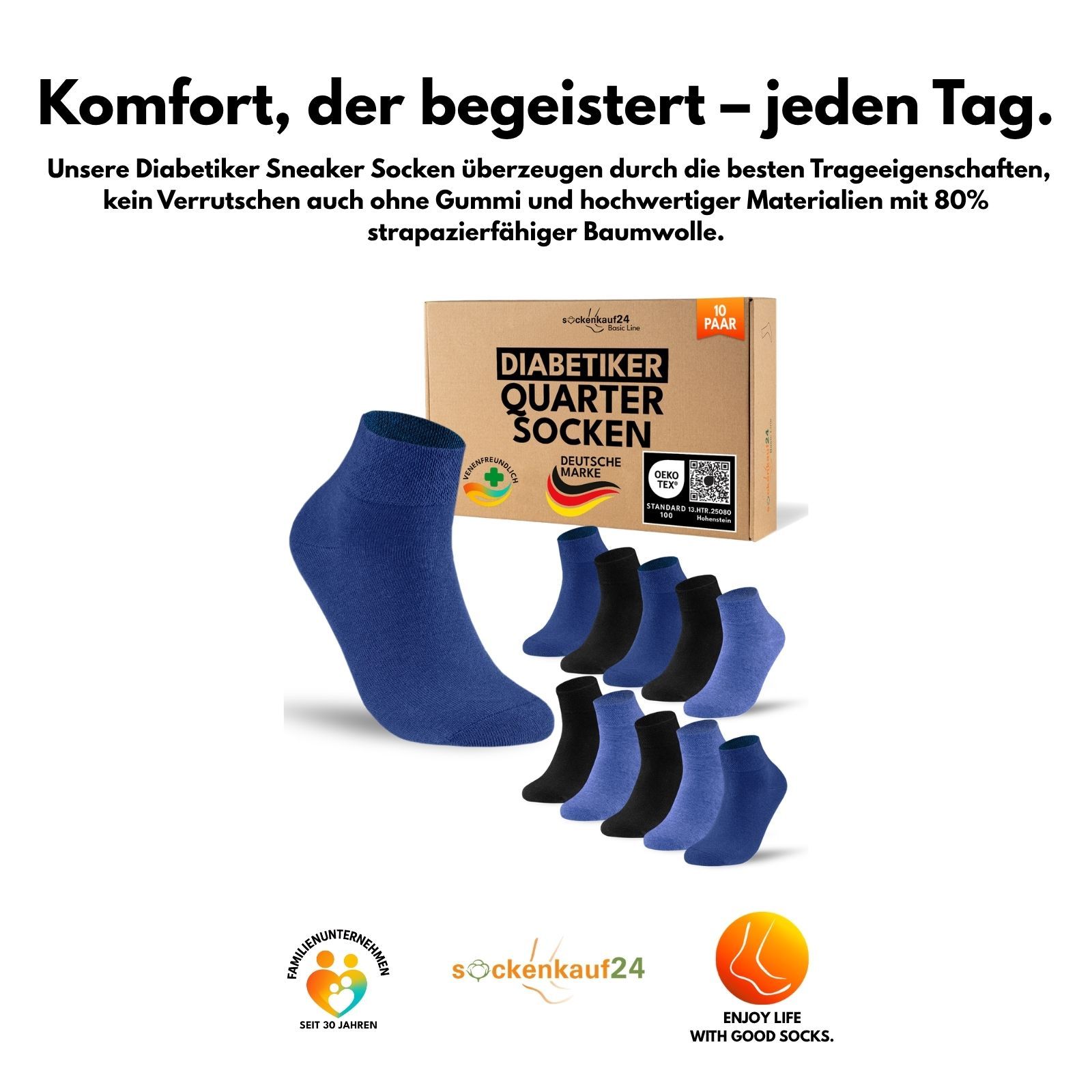 Diabetiker Quarter Socken mit Komfortbund ohne Gummi & ohne Naht für Damen und Herren