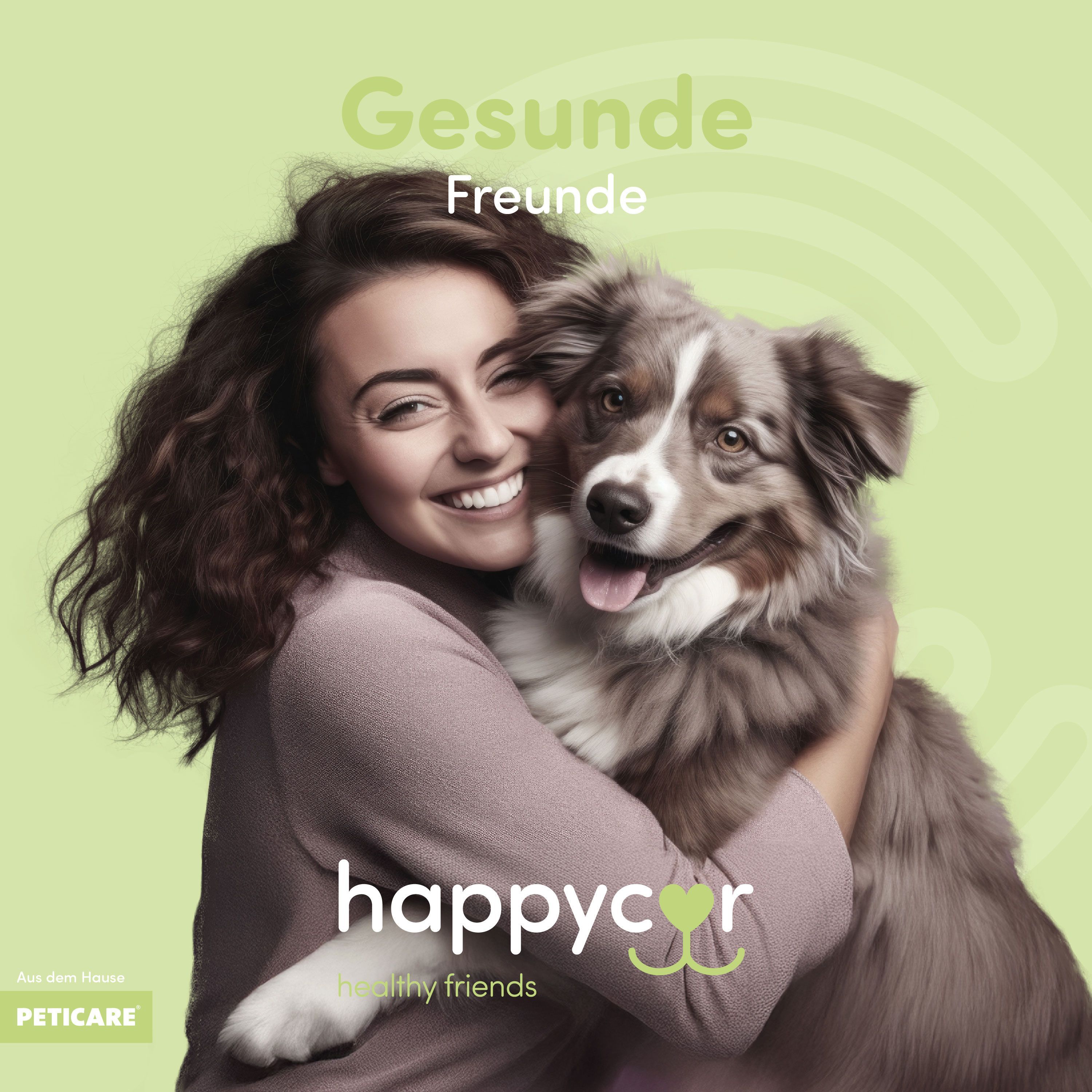 Frau umarmt glücklich ihren Hund. "Gesunde Freunde" steht über ihnen.
