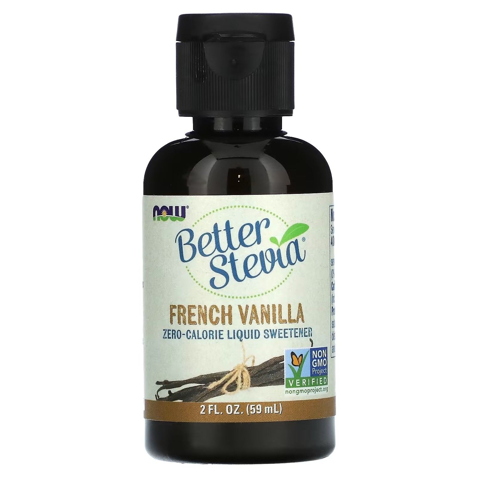 Braune Flasche mit schwarzem Deckel. Etikett mit "Better Stevia French Vanilla". 2 FL. OZ. (59 ml).