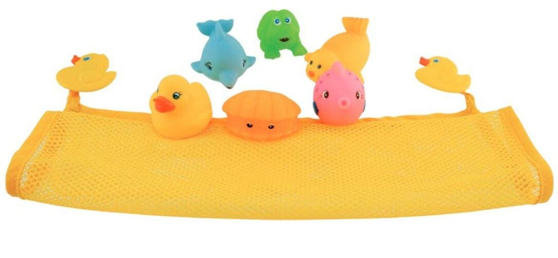 Gelbes Badewannennetz mit Schwimmtieren. Ente, Delfin, Frosch, Fisch, Muschel und Seestern.