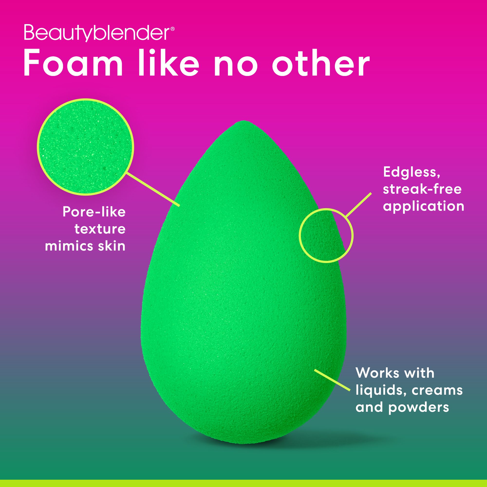 Grüner, tropfenförmiger Schwamm. Text: Beautyblender, Foam like no other. Porenähnliche Textur, randlose Anwendung.