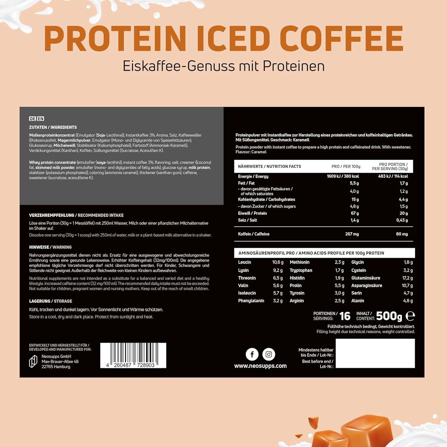 Neosupps Protein Coffee Hazelnut Machiatto, 500g, Protein Pulver mit Kaffee