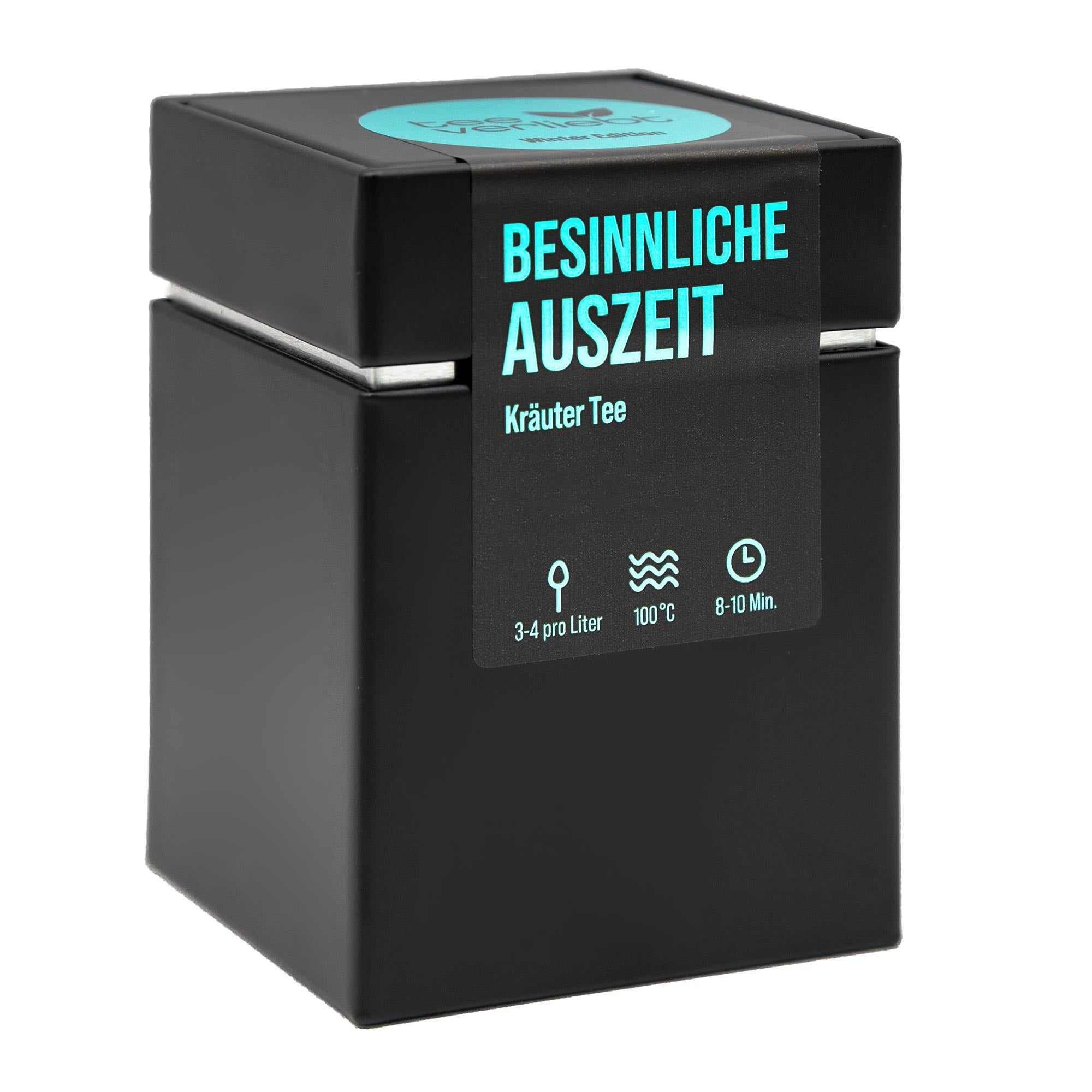 Schwarze, quadratische Geschenkdose mit Aufschrift "BESINNLICHE AUSZEIT Kräuter Tee". Enthält Zubereitungshinweise.