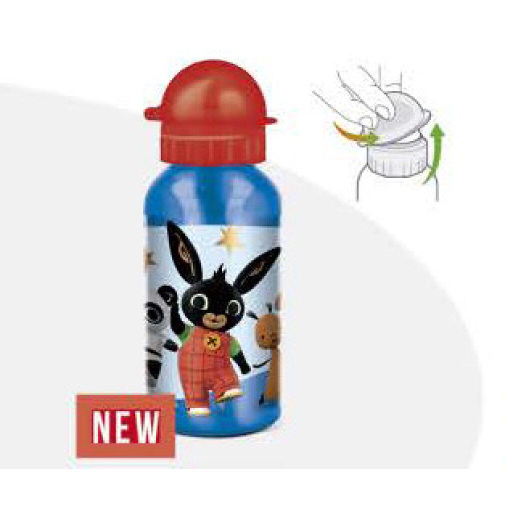 Blaue Aluminiumflasche mit rotem Deckel. Aufdruck mit Comicfigur. Aufkleber "NEW". Illustration zur Deckelöffnung.