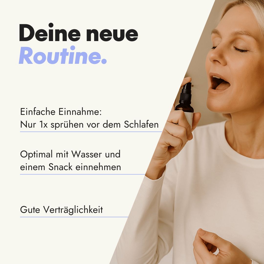 Frau sprüht Spray in den Mund. Text: Einfache Einnahme, nur 1x sprühen vor dem Schlafen. Optimal mit Wasser und Snack.