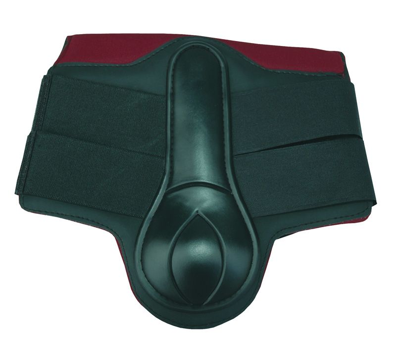 Schwarzer Sehnenschoner mit rotem Rand und Klettverschlüssen. Gepolstert, mit anatomischer Form.