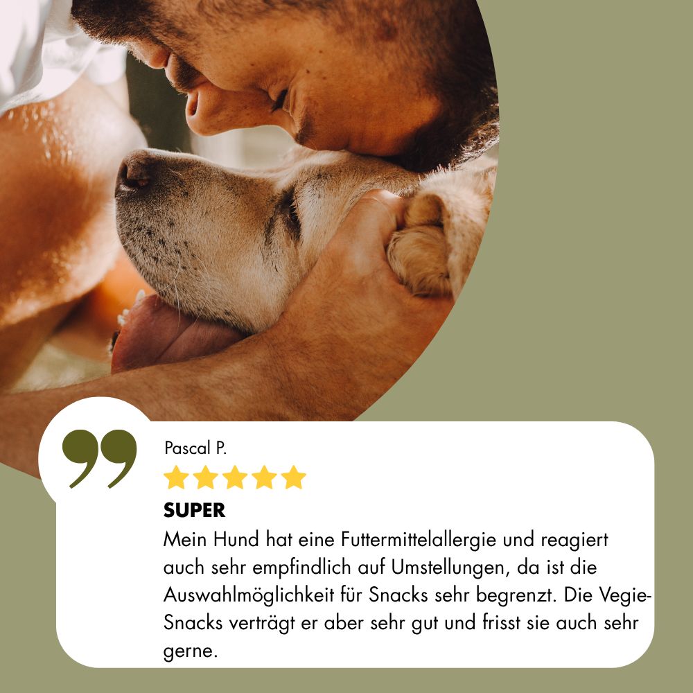 Mann streichelt Hund, eine Kundenbewertung wird angezeigt.
