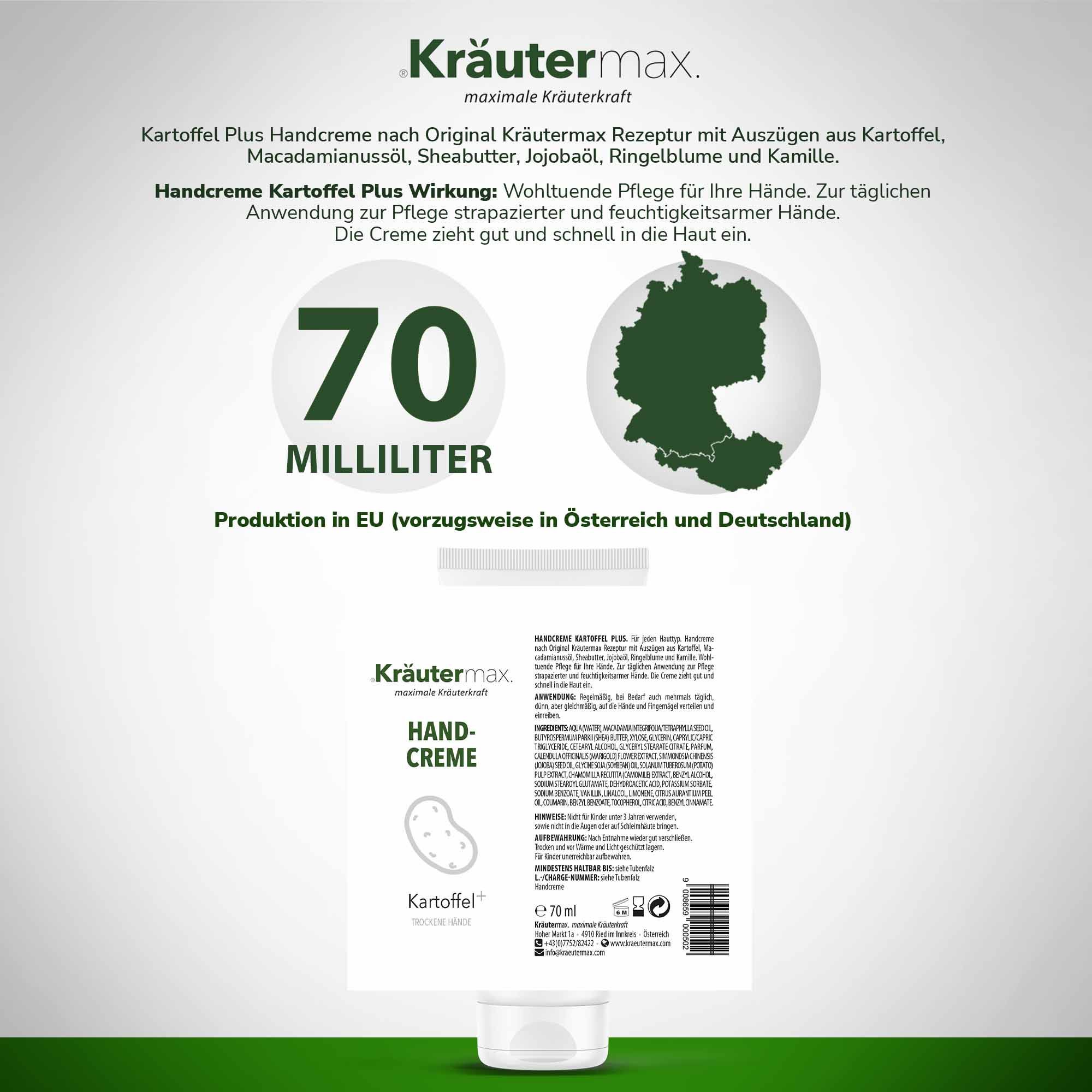 Rückseite der Handcreme-Tube mit Text und Illustrationen. 70 ml-Angabe. Karte von Deutschland. Produktname: Handcreme Kartoffel plus.