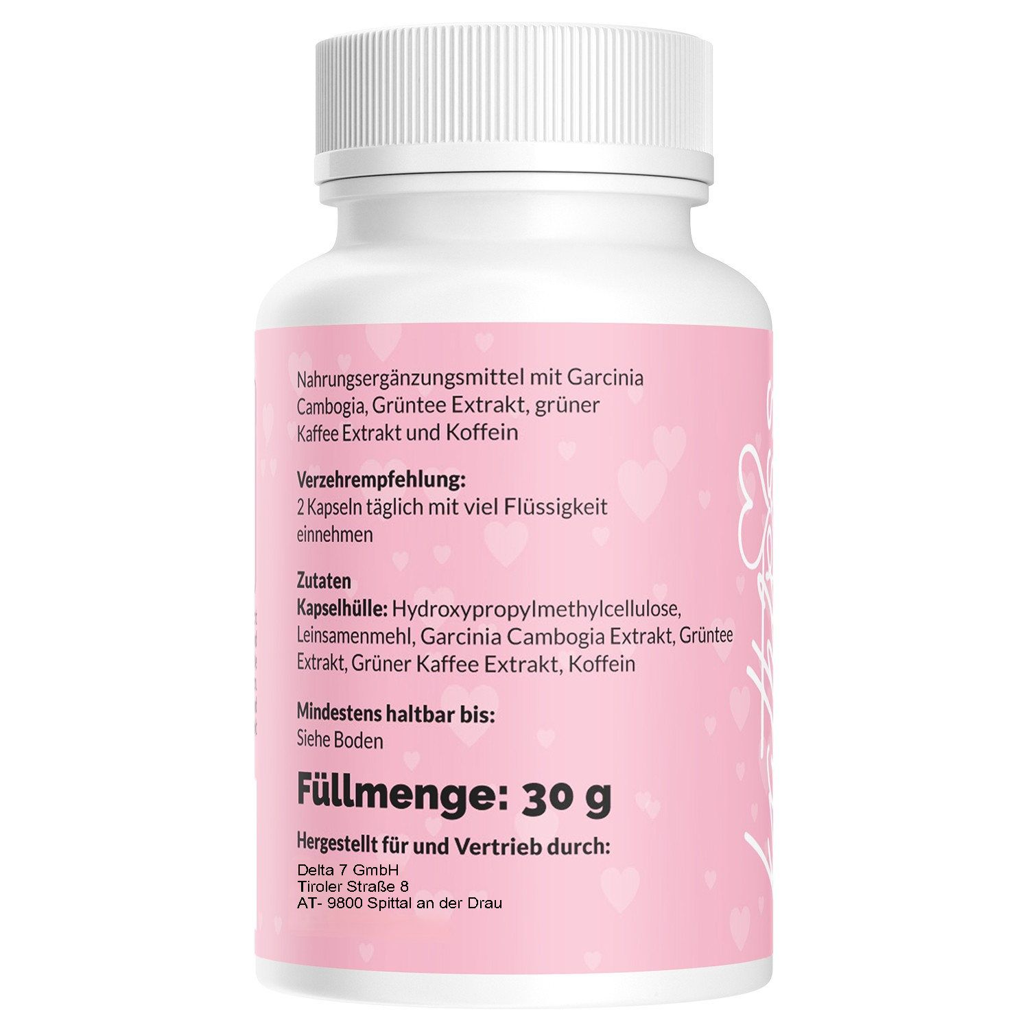 Rückseite der weißen Flasche mit rosa Etikett. Text: Nahrungsergänzungsmittel mit Garcinia Cambogia, Grüntee Extrakt, grüner Kaffee Extrakt und Koffein.