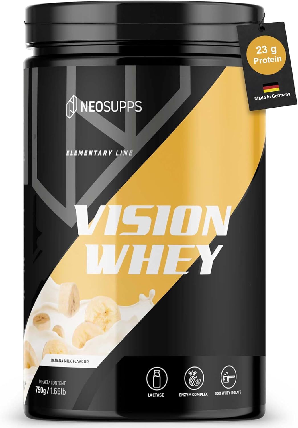 Schwarze Dose Vision Whey mit gelbem Akzent. Text: Vision Whey, Neosupps, 23g Protein, Banana Milk Flavour.