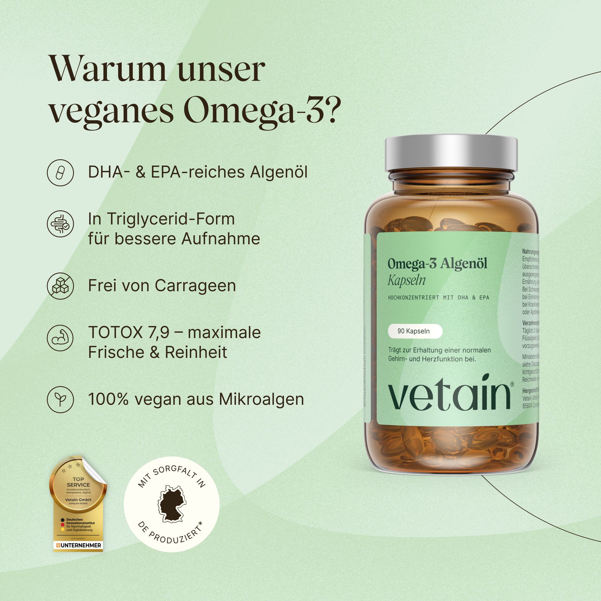 VETAIN Veganes Omega-3: DHA/EPA-reiches Algenöl, Triglycerid-Form, vegan, ohne Carrageen.