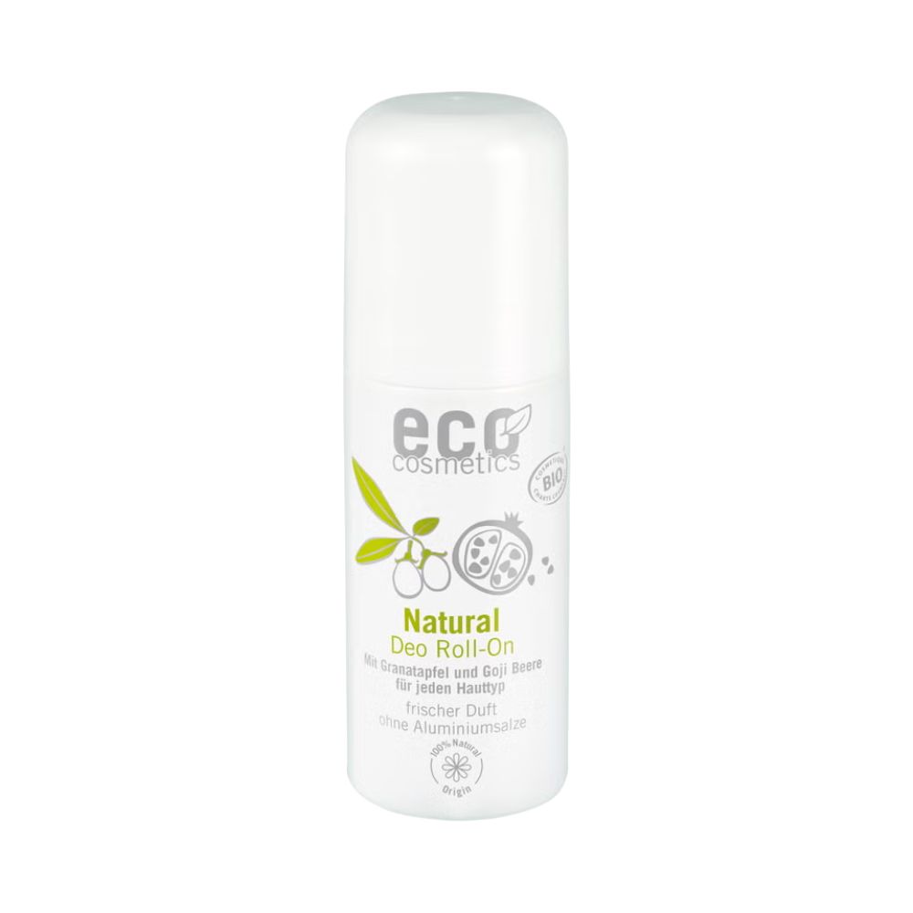 Weißer Roll-On-Deo-Behälter mit Logo und Produktbezeichnung. Aufschrift: Natural Deo Roll-On. Mit Granatapfel und Goji Beere.