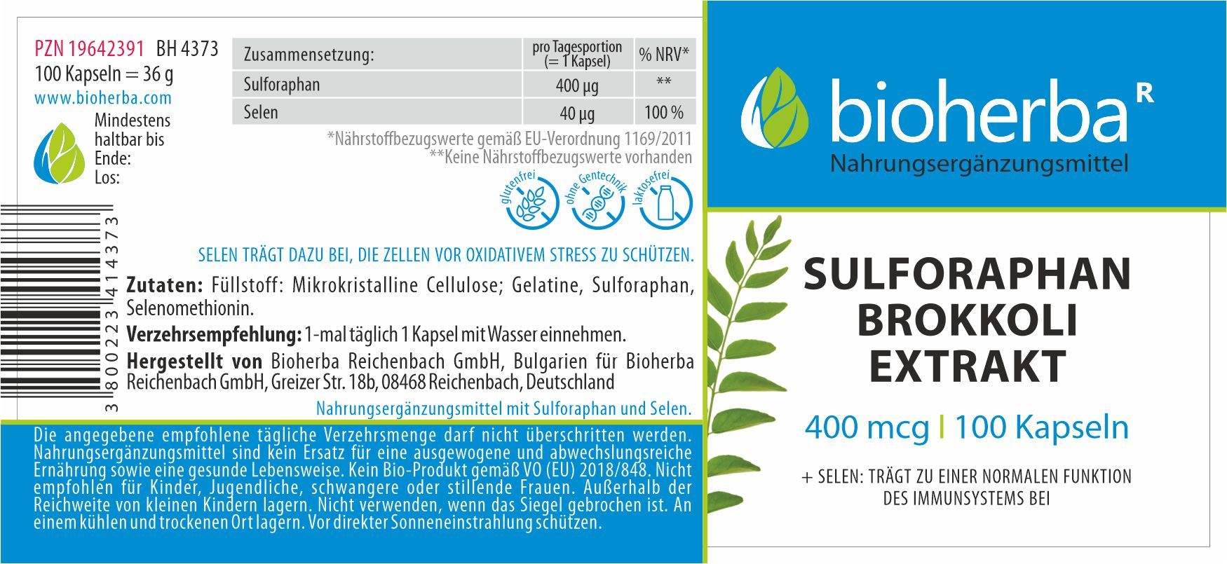 Etikett mit Produktinformationen. Enthält Sulforaphan und Selen. Marke: Bioherba. 100 Kapseln. Text in Deutsch.