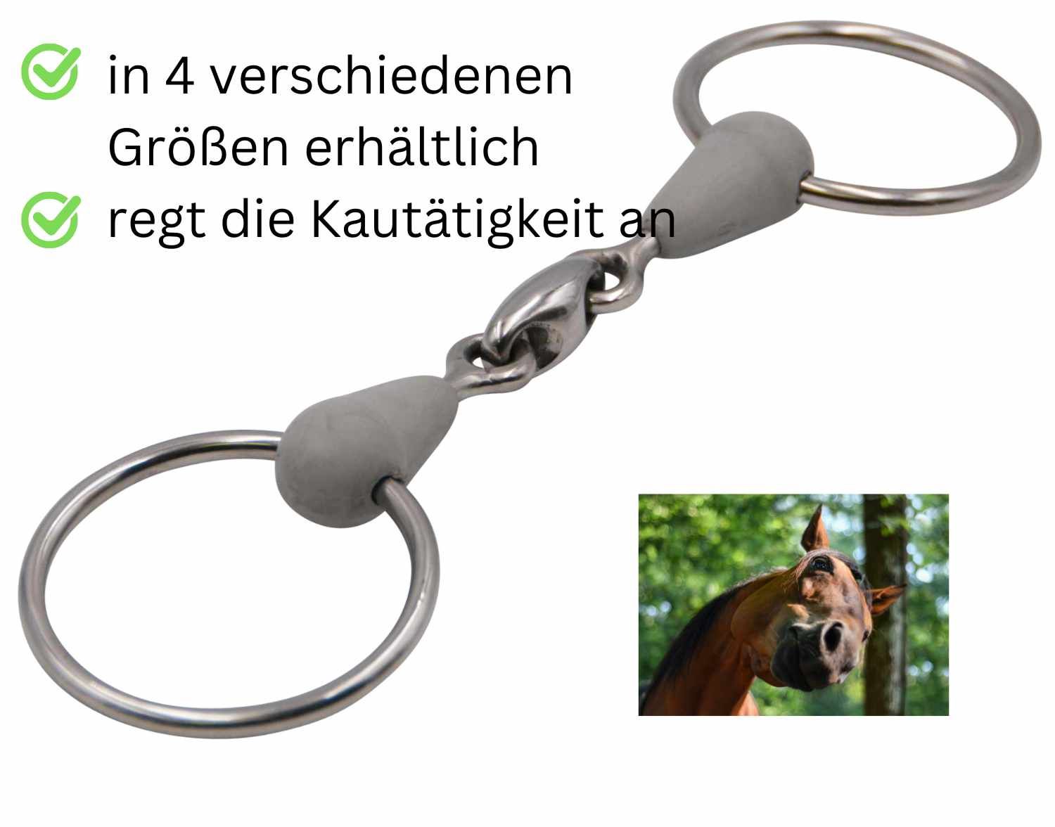 Doppelt gebrochene Trense mit Kunststoffmundstück und Edelstahlringen. Text: In 4 Größen erhältlich, regt die Kautätigkeit an. Bild eines Pferdes.