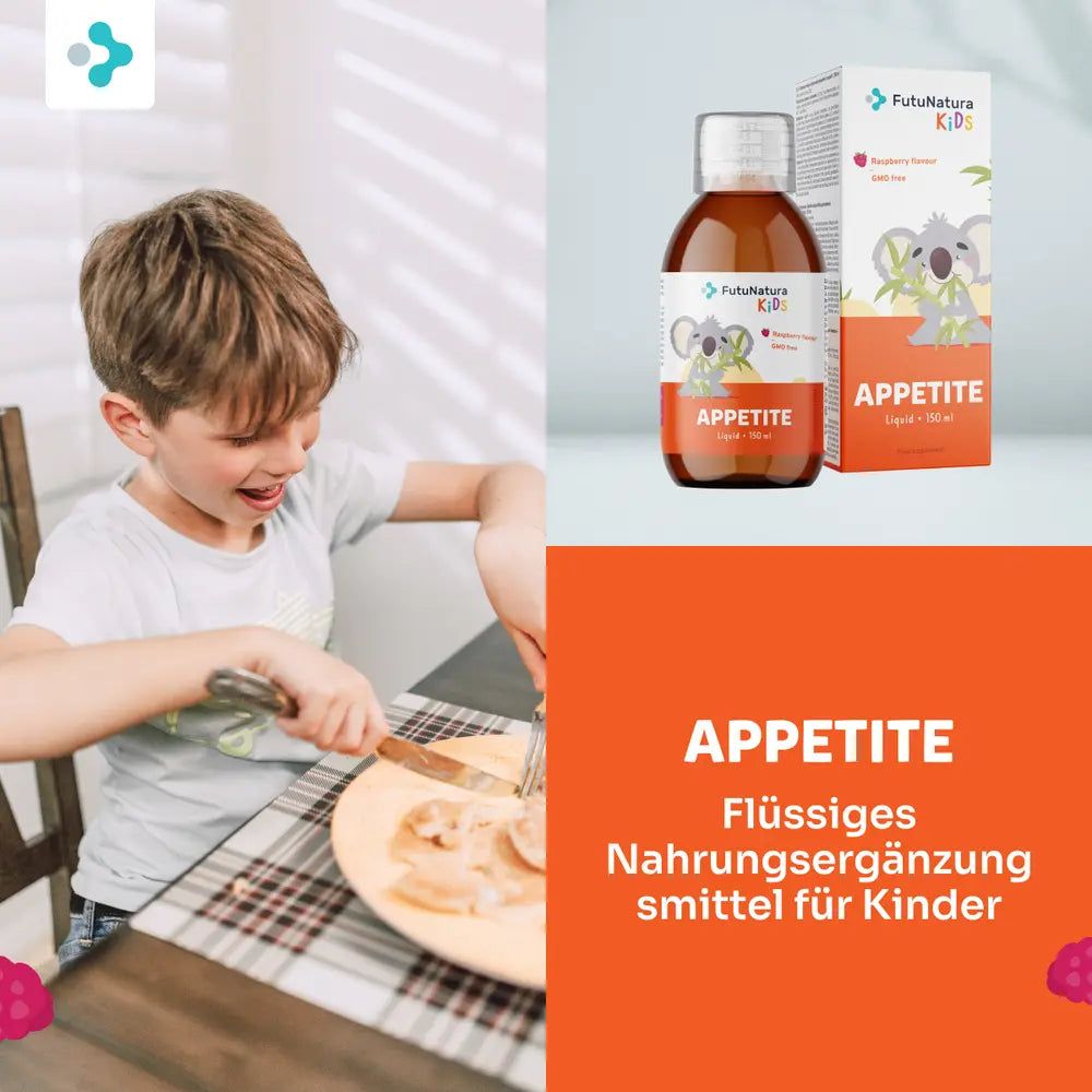 Kind isst mit Messer und Gabel. Flasche und Verpackung von FutuNatura Kids Appetite. Text: Flüssiges Nahrungsergänzungsmittel für Kinder.