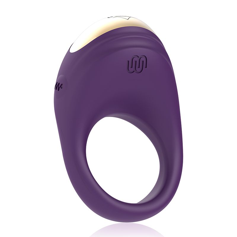 Vibrierender Ring, lila mit goldfarbenem Element. Ringförmiges Design mit abgerundeter Oberseite. Logo.