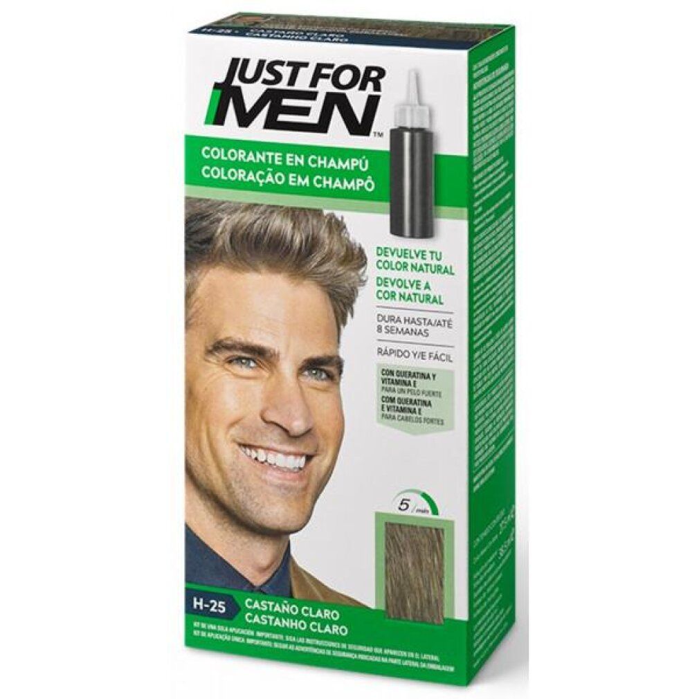 Verpackung von Just For Men Haarfärbemittel, Hellbraun. Zeigt einen Mann mit gefärbtem Haar.