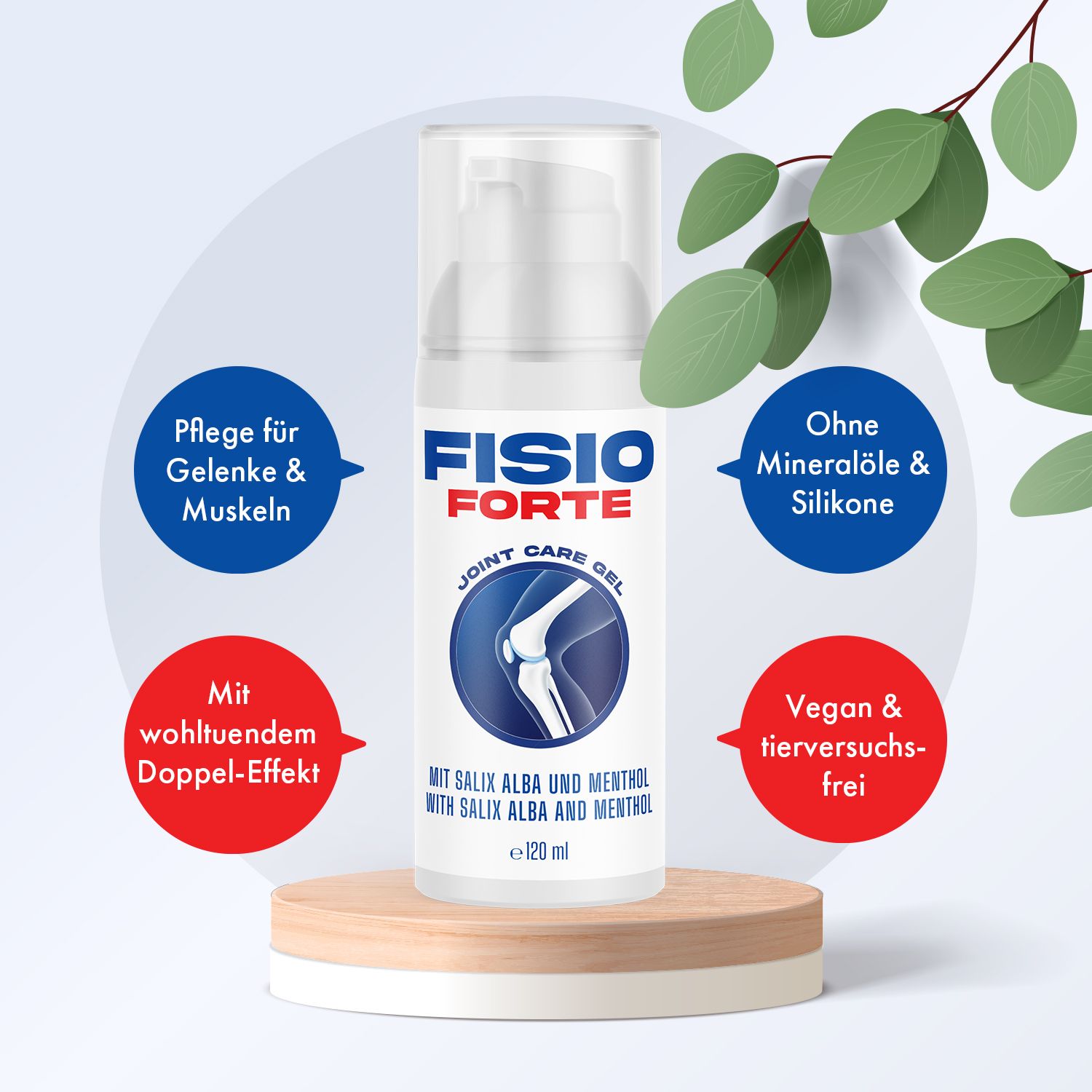 Fisio Forte Gel-Flasche auf einem Podest. Text: Fisio Forte, Joint Care Gel, mit Salix Alba und Menthol. Zusätzliche Texte.