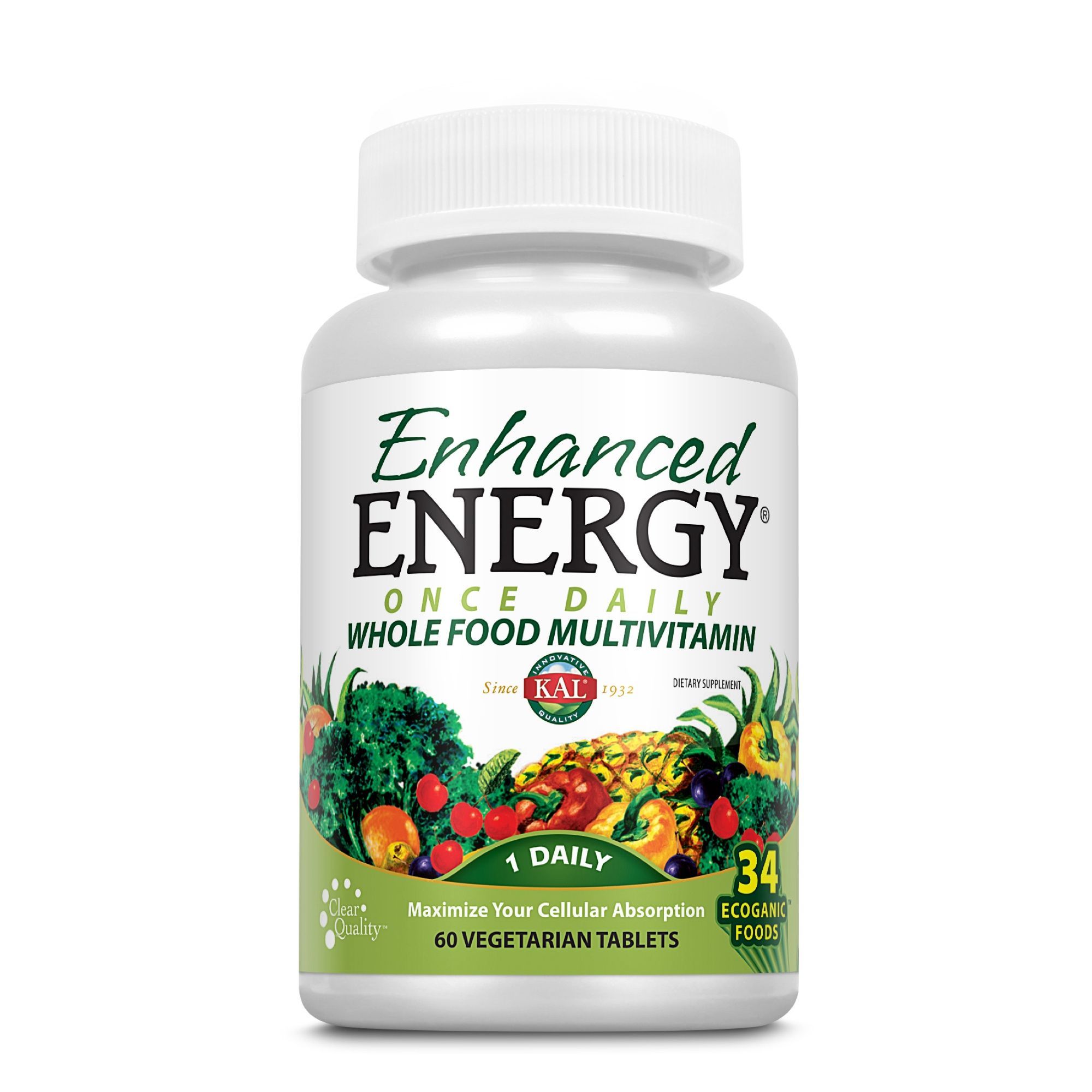 Weiße Flasche „Enhanced Energy“ Multivitamin. Text: „1 DAILY“, „60 VEGETARIAN TABLETS“. Logo: KAL.
