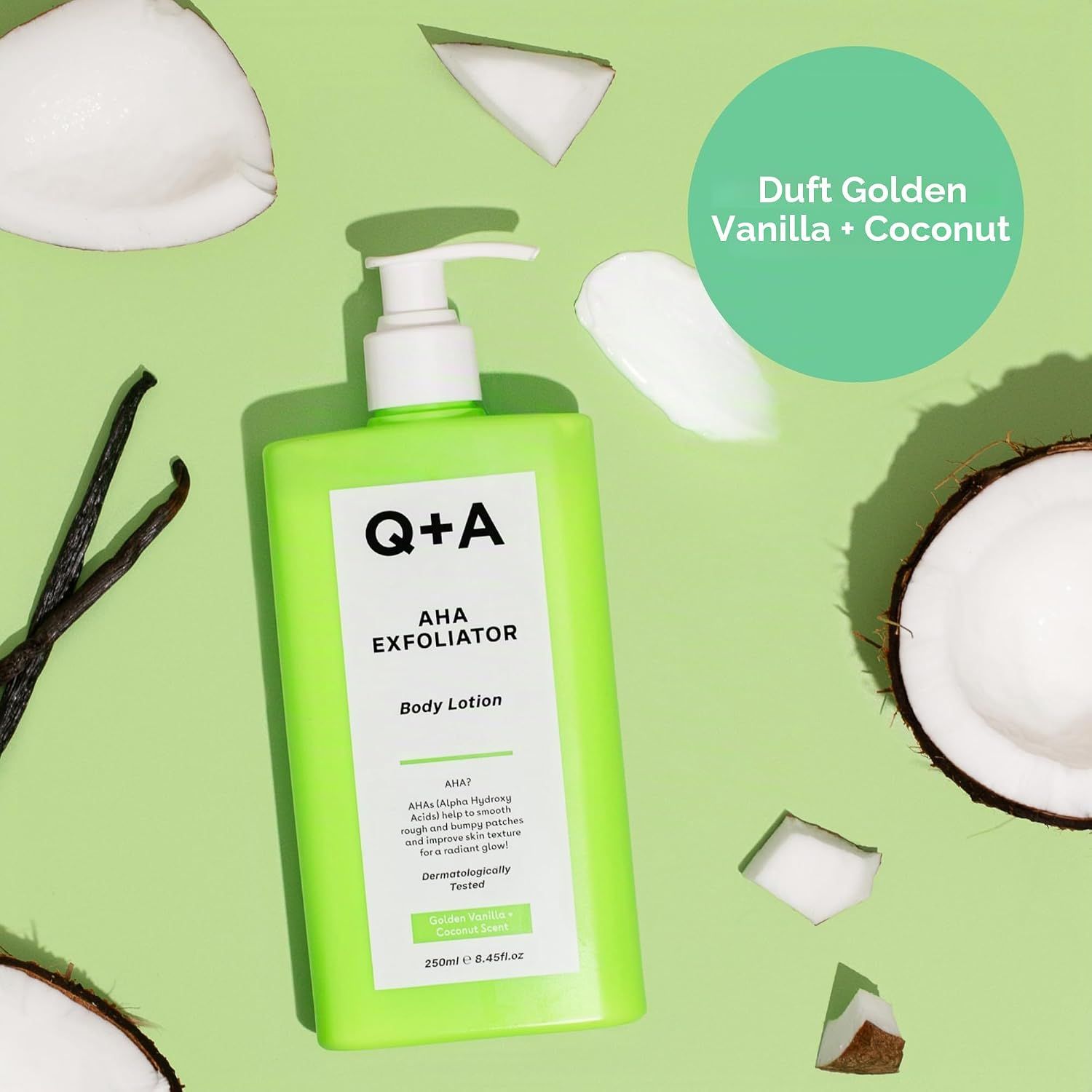 Grüner Spender Q+A AHA Exfoliator Body Lotion mit Kokosnuss und Vanille.