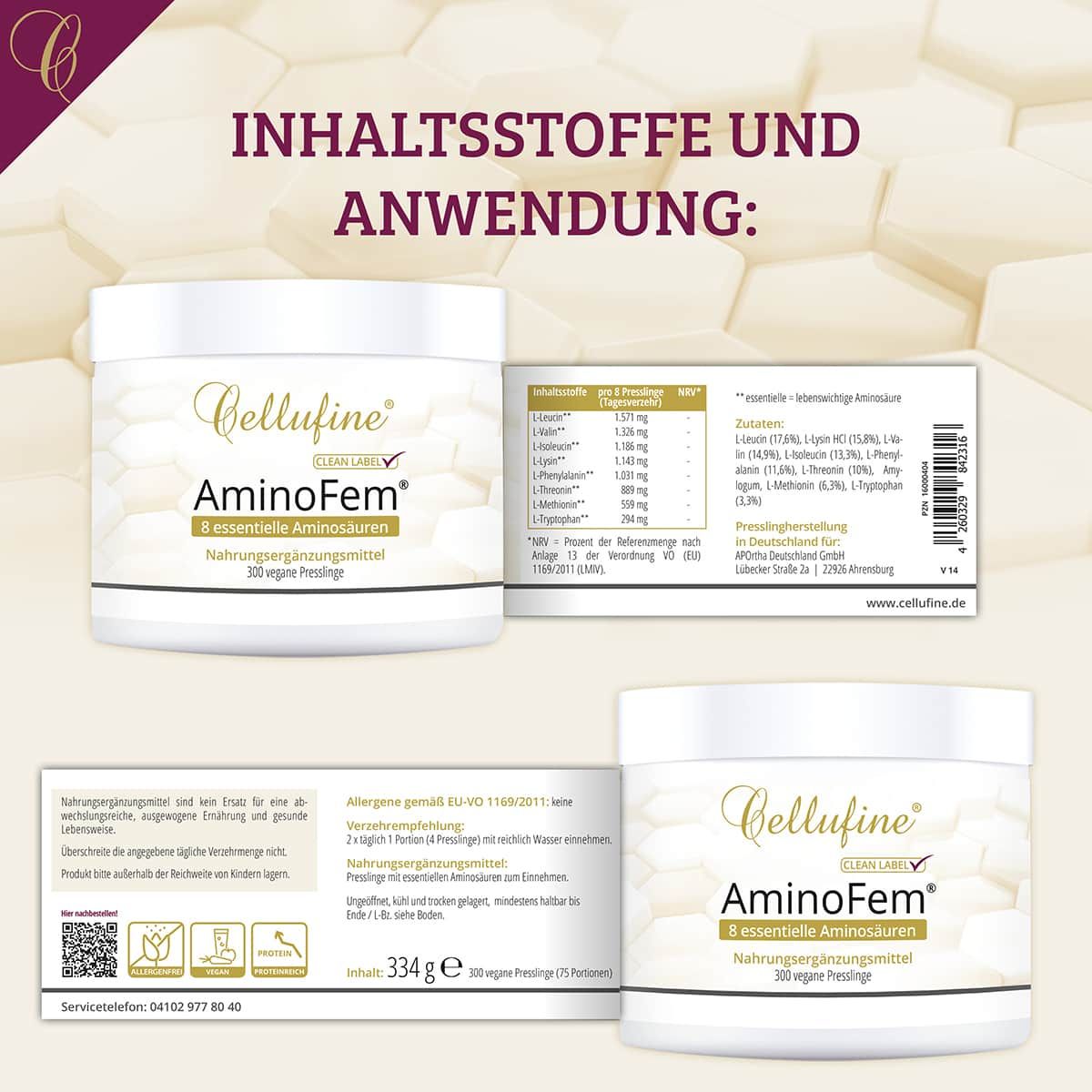 Zwei Dosen Cellufine® AminoFem® Aminosäuren mit Text. Enthält Informationen zu Inhaltsstoffen und Anwendung. Text: Nahrungsergänzungsmittel, 300 vegane Presslinge.
