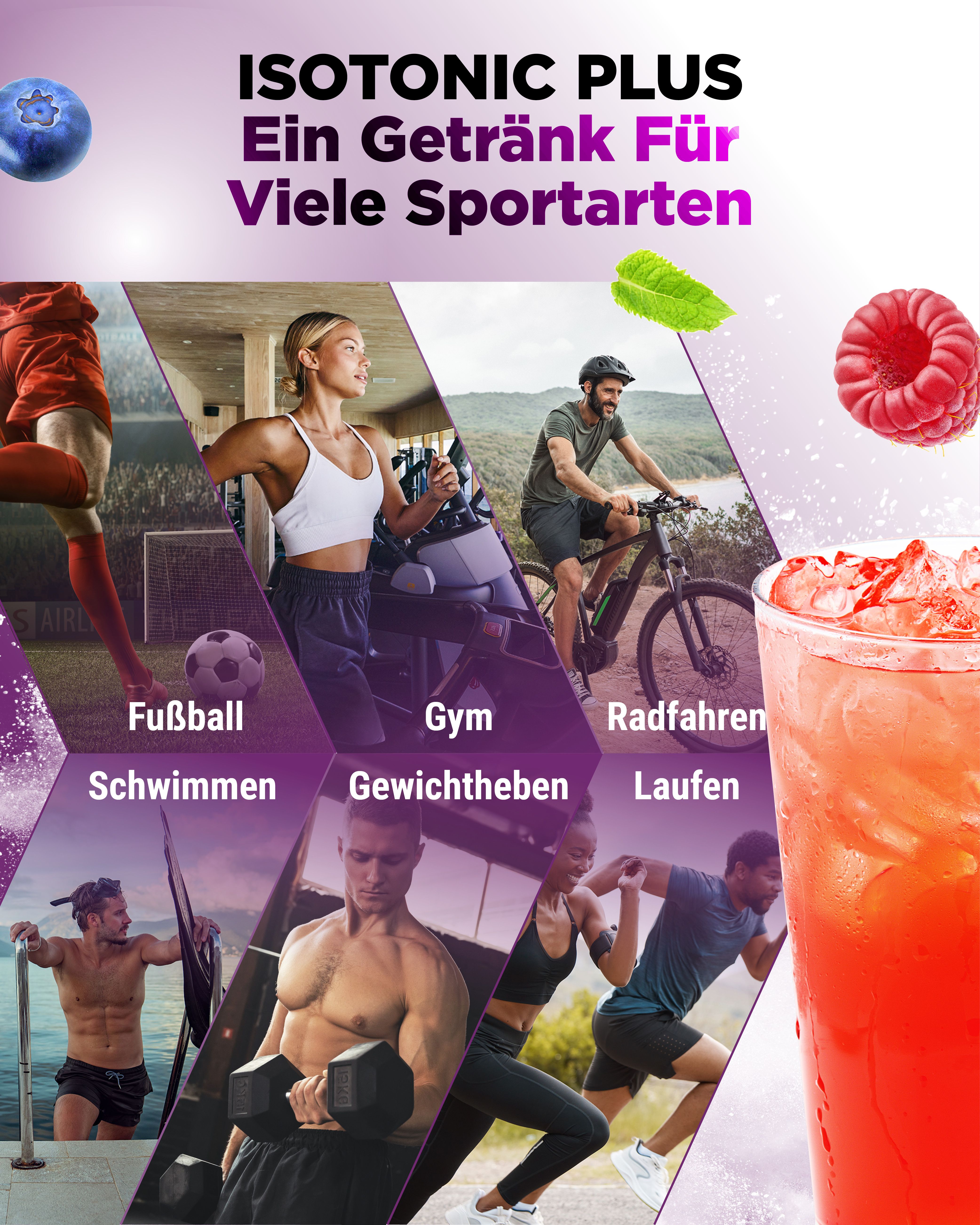 Bilder von Sportarten: Fußball, Schwimmen, Gym, Gewichtheben, Radfahren, Laufen. Glas mit roter Flüssigkeit. Text: Isotonic Plus, Ein Getränk für viele Sportarten.
