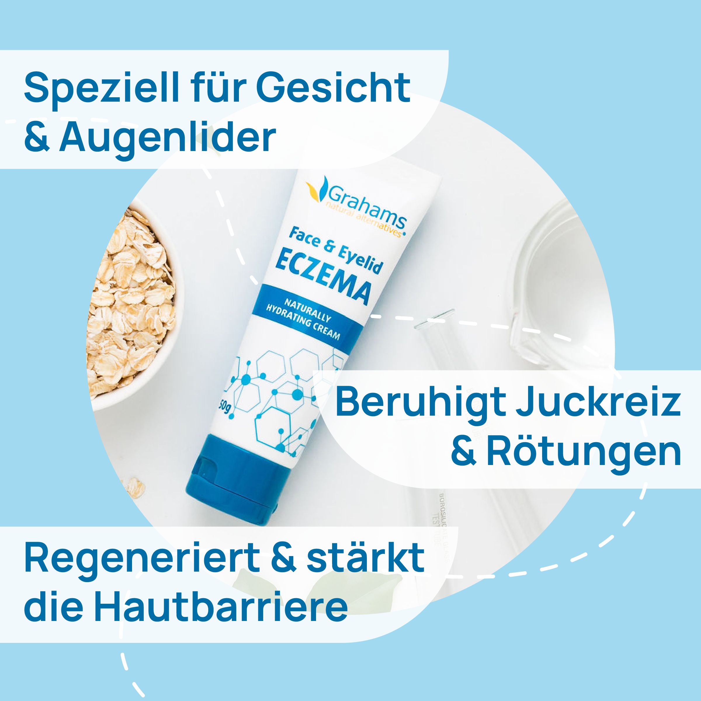 Weiße Tube mit blauem Deckel. Grahams Face & Eyelid Eczema Creme. Text: Beruhigt Juckreiz & Rötungen.
