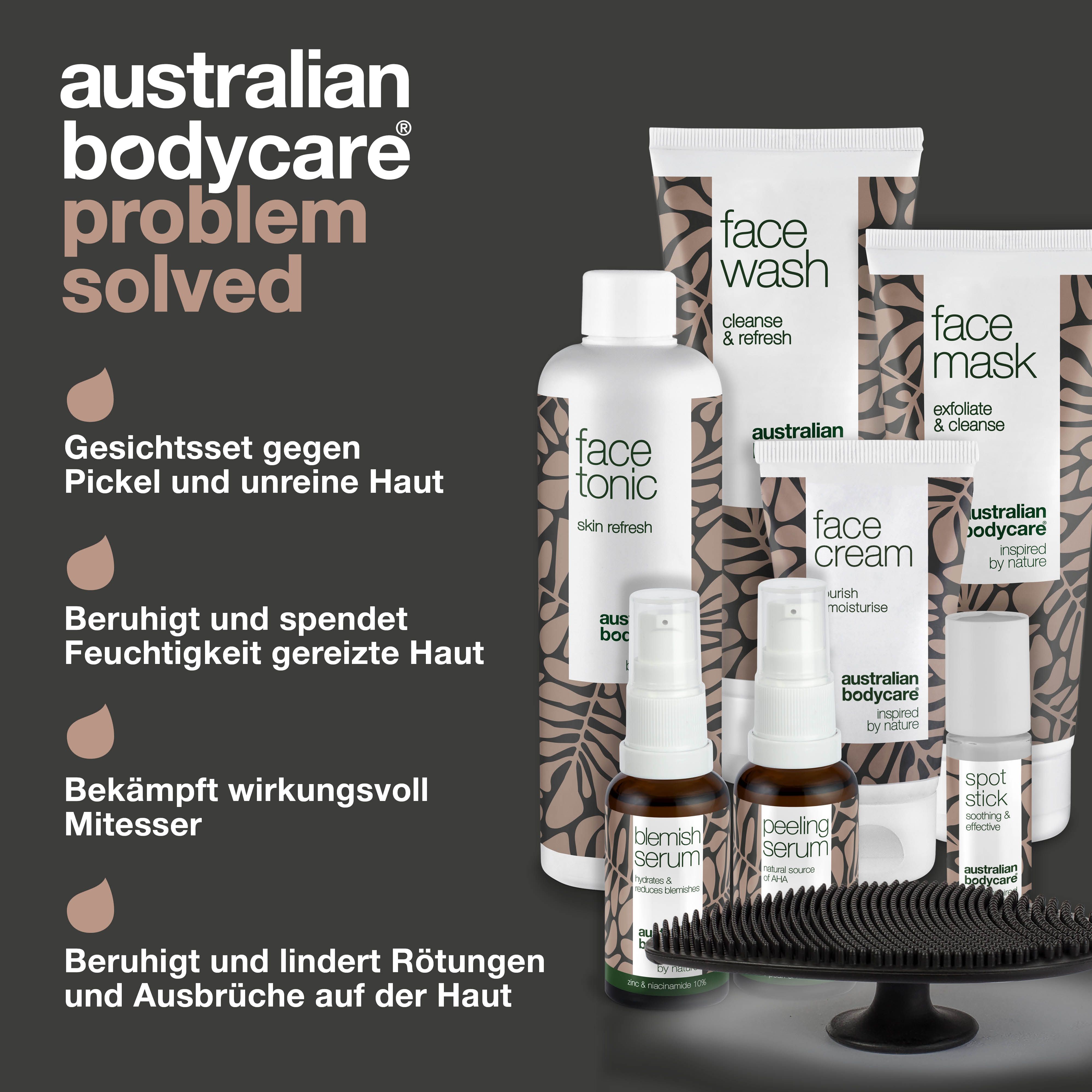 Gesichtspflegeset gegen Pickel und unreine Haut. Produkte: Face Wash, Face Mask, Face Cream, Face Tonic, Blemish Serum.