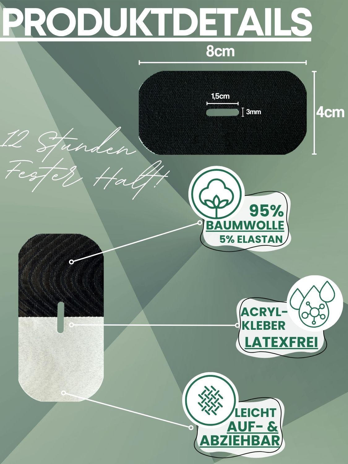 Schwarzes Mundpflaster mit Aussparung. Abmessungen: 8x4cm, Aussparung 1,5x3mm. Material: 95% Baumwolle, 5% Elasthan. Latexfrei.
