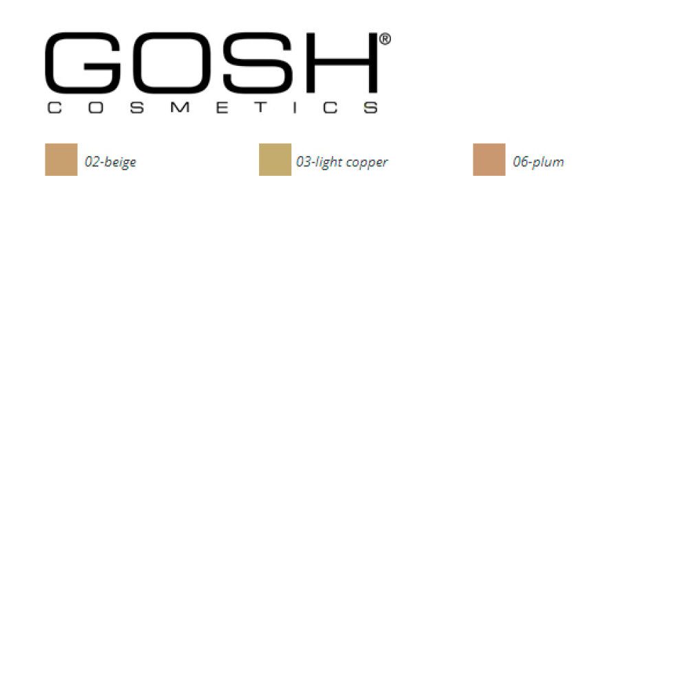 Gosh Cosmetics Logo. Farbfelder: 02-beige, 03-light copper, 06-plum. Produktnamen und Farbbezeichnungen.