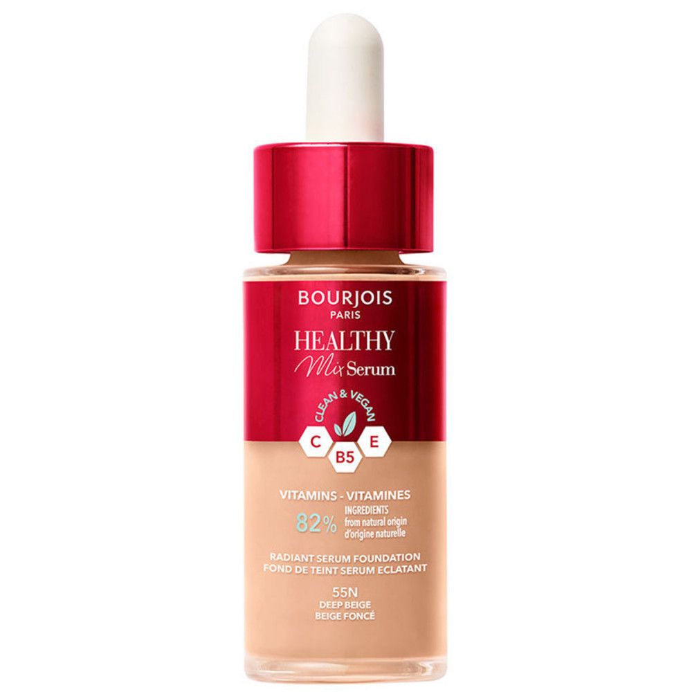 Foundation-Fläschchen, Bourjois Healthy Mix Serum. Farbton 55N Deep Beige. Mit Pipette und Inhaltsangaben.