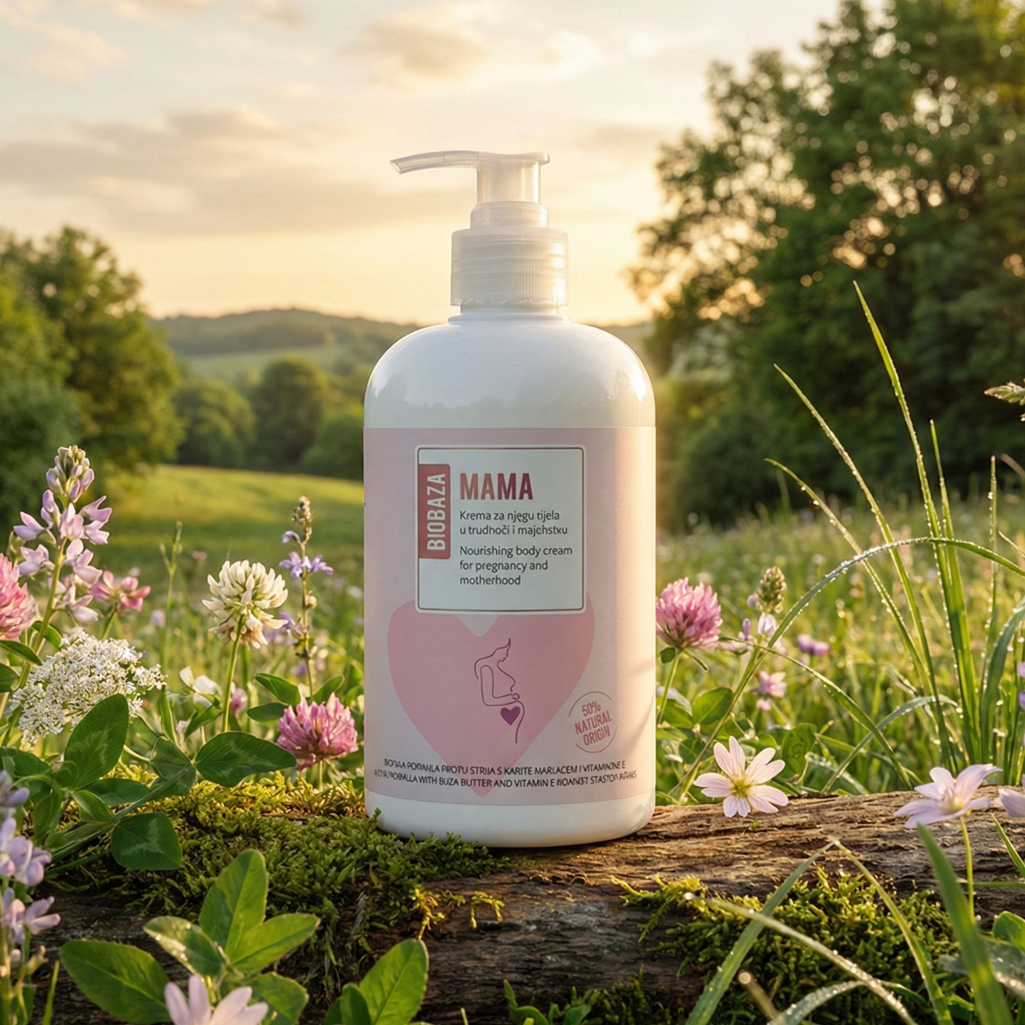 Weiße Flasche mit Pumpe. Aufschrift "MAMA" und Logo. Hintergrund: Wiese mit Blumen und Bäumen.